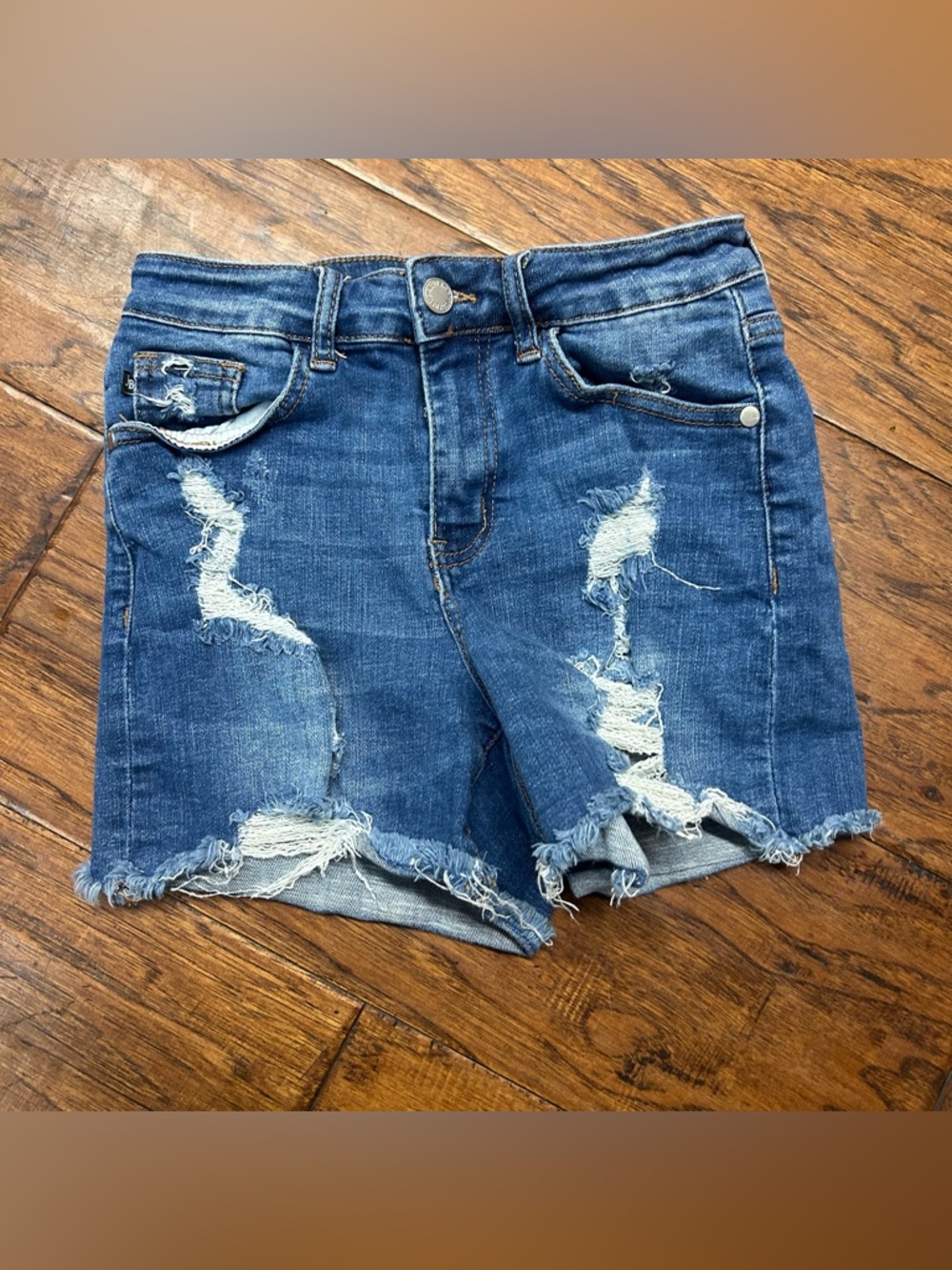 Judy Blue Mid Rise Distressed Cut off‎ Medium Blue Denim Shorts